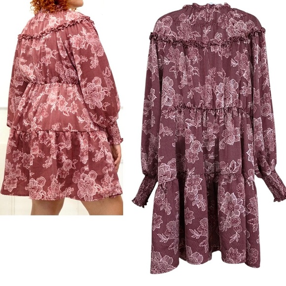 ELOQUII Elements Wine Floral Satin Dress Plus Size 14/16 Ruffle Yoke Long Sleeve - Picture 5 of 15